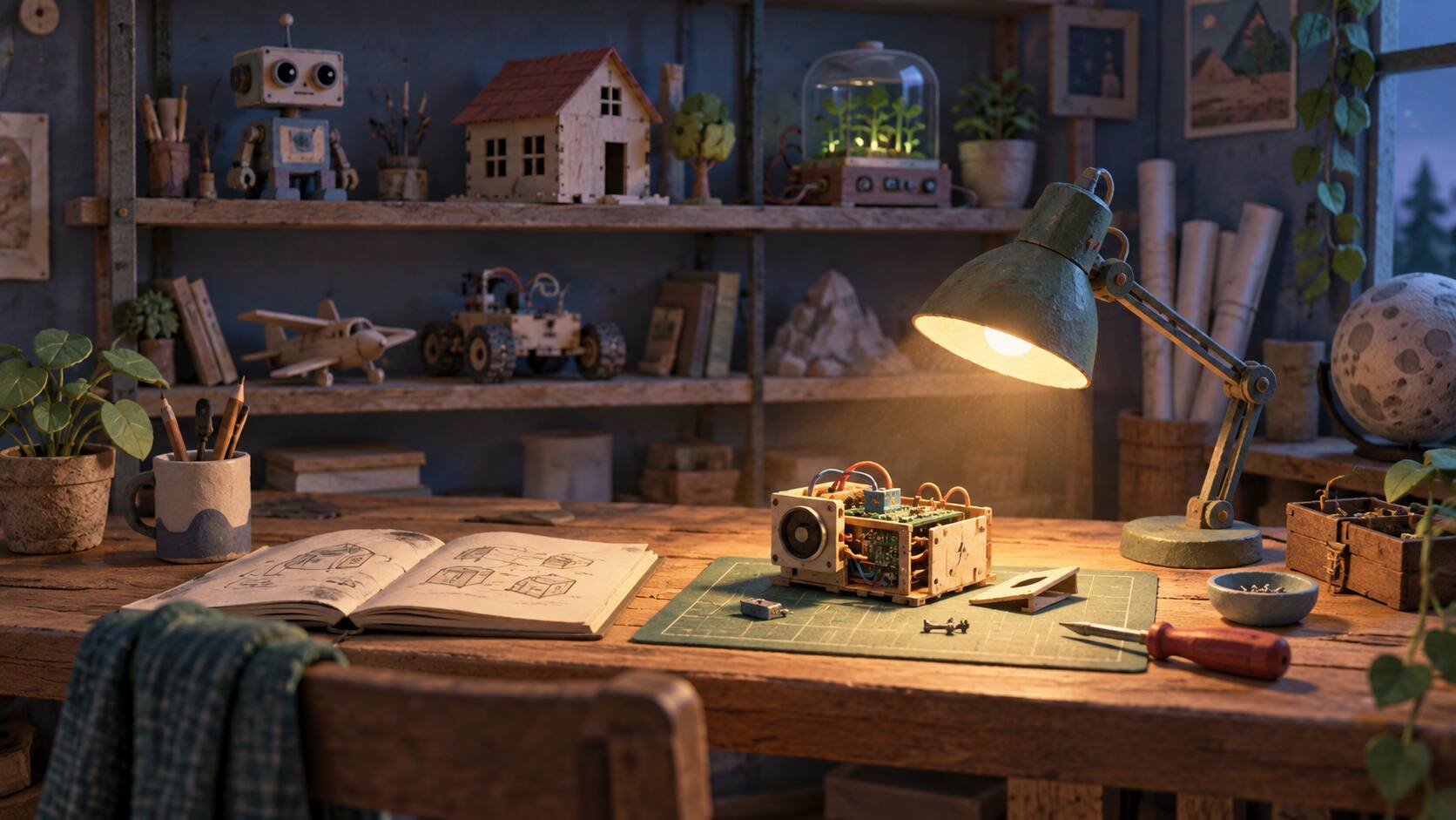 A warmly lit workbench with one electronics project in progress and other projects waiting on shelves.