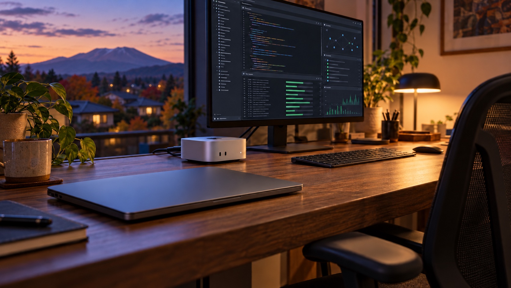 A closed laptop beside a Mac mini and a monitor showing agent tasks, with Mount Asama visible through the window at dusk.