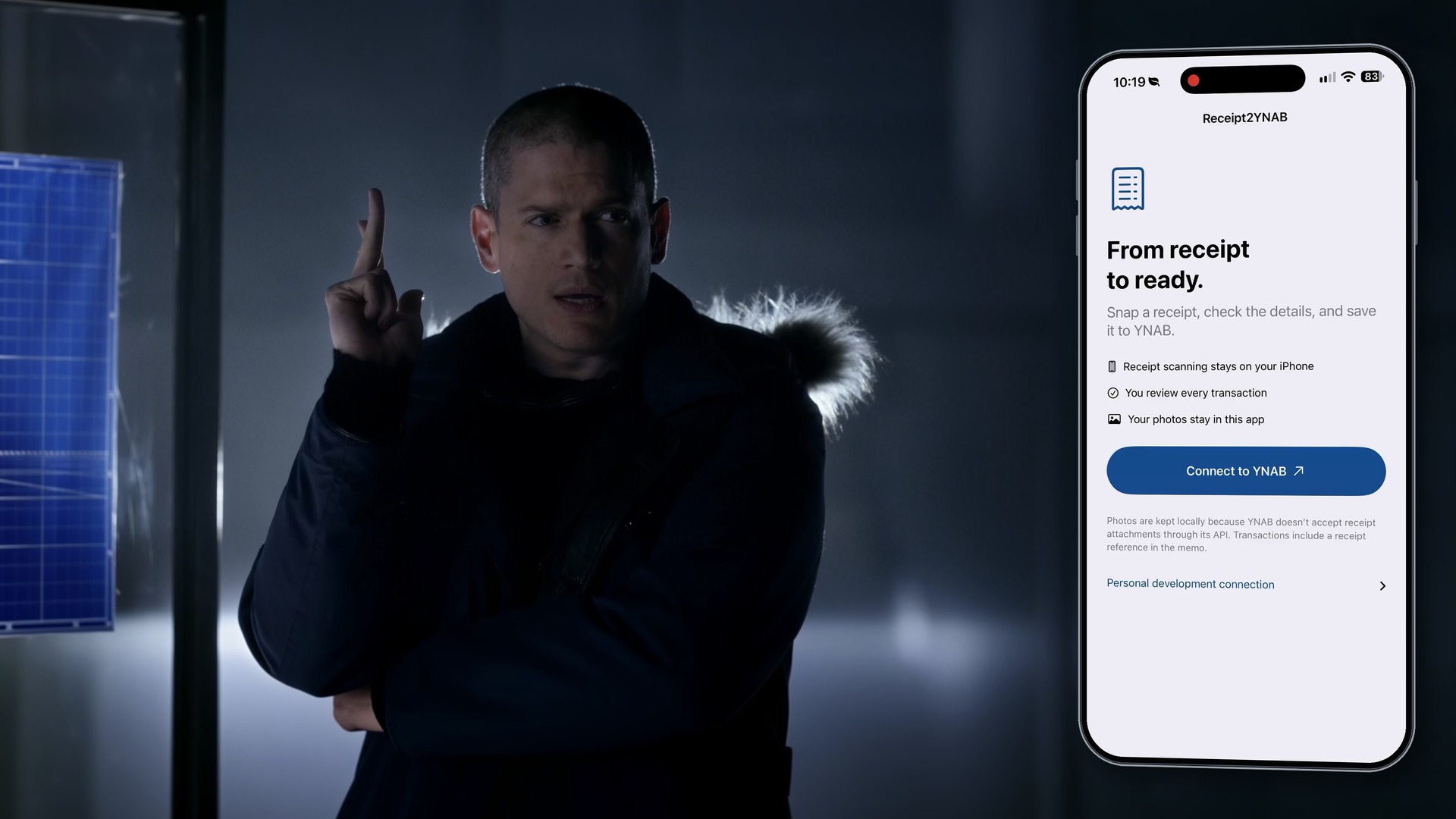 Leonard Snart explaining his plan while looking toward an iPhone displaying Receipt2YNAB.