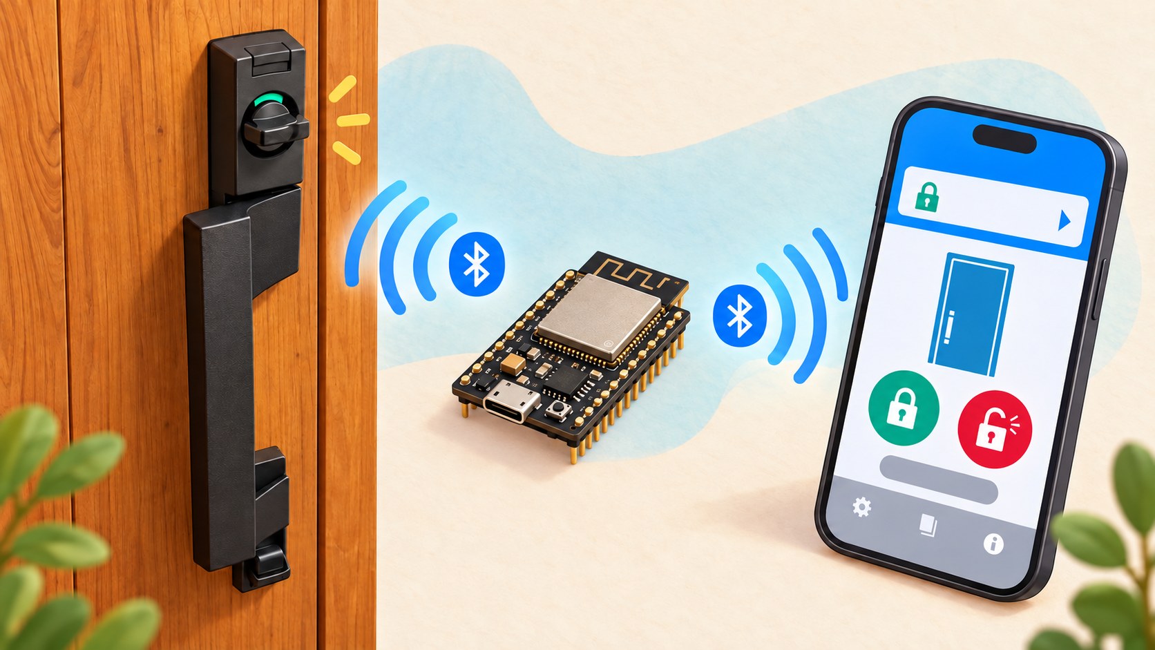 A playful illustration of a smart lock, an ESP32 board, and a phone app exchanging Bluetooth signals.